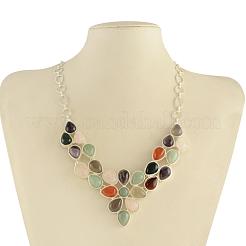 Edelstein Lätzchen Statement-Halsketten mit Cabochon-Fassungen aus Aluminium und versilberten Messingketten NJEW-R224-07B-B