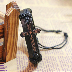 Verstellbare Kreuz mit Wort Eisen geflochtenen Lederband Armbänder BJEW-P0001-02B