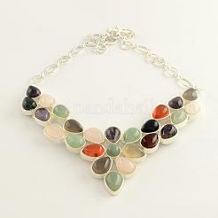 Edelstein Lätzchen Statement-Halsketten mit Cabochon-Fassungen aus Aluminium und versilberten Messingketten NJEW-R224-07B-B