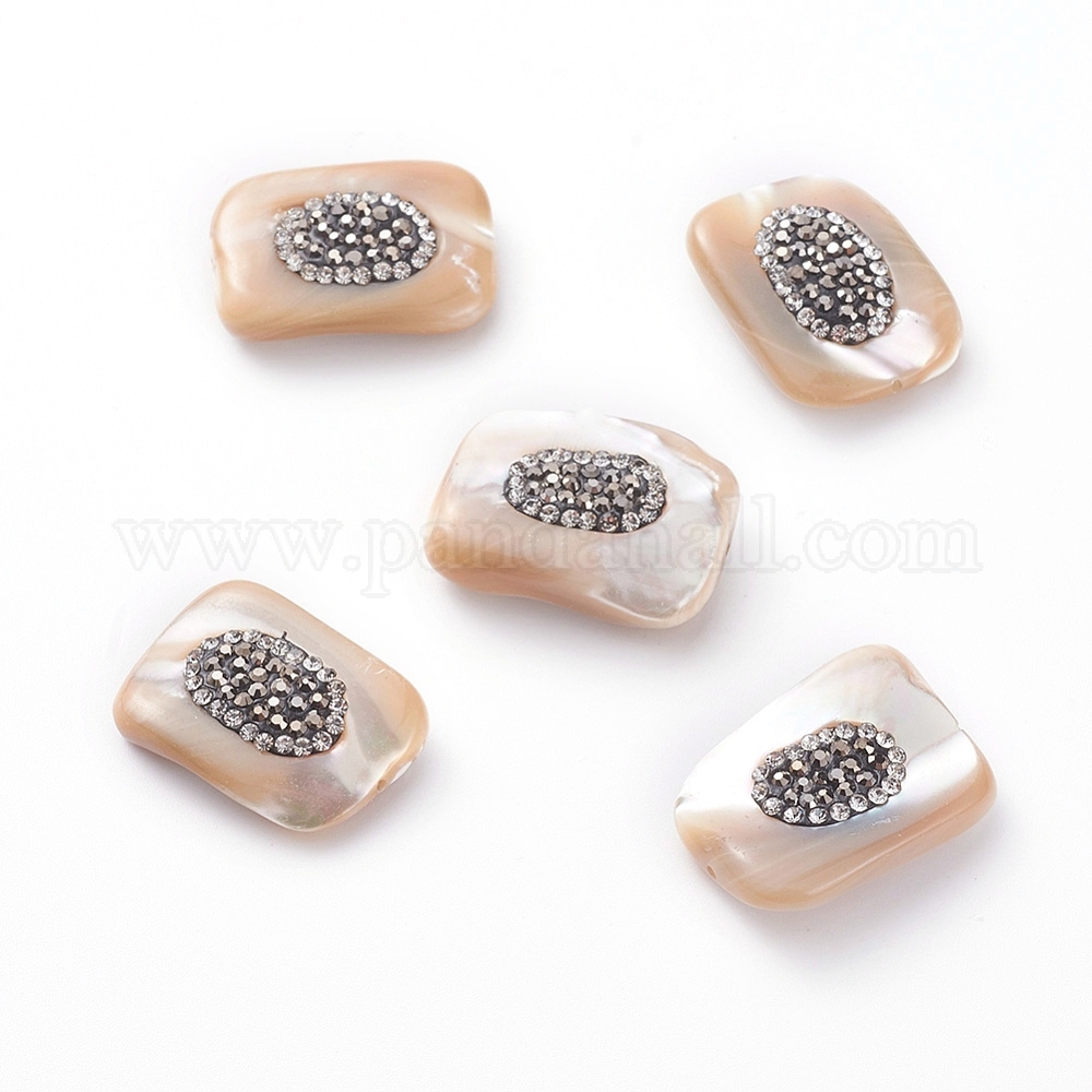 Shell Beads, with Polymer Clay Rhinestone, Rectangle, Moccasin, 24~25x17~18x6~8mm, Hole: 0.8mm