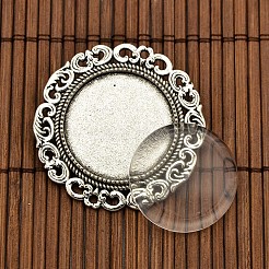 Geschnitzten flachen runden Gestellware Messing Locketanhänger cabochon Fassungen DIY-X0188-AS-NR