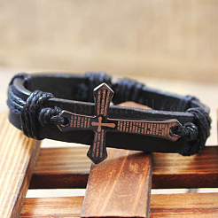 Verstellbare Kreuz mit Wort Eisen geflochtenen Lederband Armbänder BJEW-P0001-02B