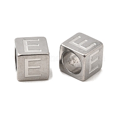 304 Edelstahl-Europäische Perlen, Großloch perlen, Würfel mit Buchstaben, Buchstabe e, 7x7x7 mm, Bohrung: 5 mm