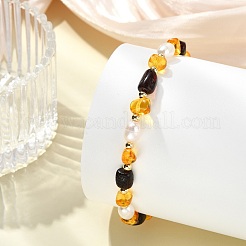Pulseras elásticas con cuentas de ámbar natural y perlas cultivadas de agua dulce para mujer&nbsp;BJEW-JB13699-01