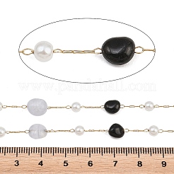 Pépites d'agate dentelle bleue naturelle et d'onyx noir (teint et chauffé) et chaînes à maillons faites à la main en acier inoxydable 316&nbsp;CHS-K021-14G-01