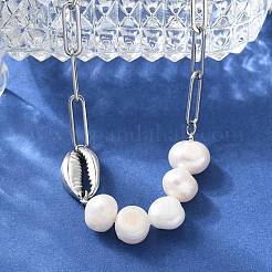 Colliers en acier inoxydable 304 avec coquillages et perles naturelles et chaîne trombone pour femmes&nbsp;NJEW-A045-17P