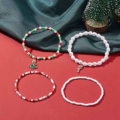 4 Uds. Juego de pulseras elásticas con cuentas de semillas y perlas de vidrio de 4 estilos&nbsp;BJEW-JB09373