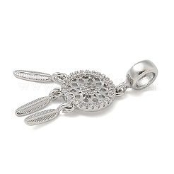 Messing klare Zirkonia gewebtes Netz mit Feder europäischen Anhänger Charms&nbsp;KK-U050-01P