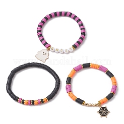 3 Stück handgemachte Stretch-Armbänder aus Polymer-Ton-Perlen mit Halloween-Motiv&nbsp;X1-BJEW-TA00466