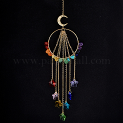 Atrapasueños colgantes con chips de piedras preciosas naturales y sintéticas de chakra y anillo de latón&nbsp;HJEW-BM00074
