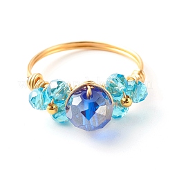 Anello per dito con perline di vetro sfaccettato placcato&nbsp;RJEW-TA00014-04