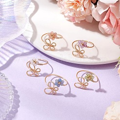 Blume natürlicher Peridot & Regenbogen Mondstein & Amethyst & blauer Aventurin & Sonnenstein Fingerringe&nbsp;RJEW-JR00778