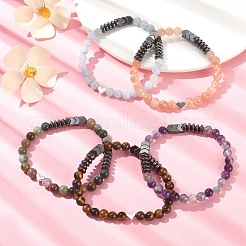 Braccialetto elasticizzato da donna con pietre preziose miste naturali rotonde e ematite sintetica e cuore in lega con perline&nbsp;BJEW-JB09374