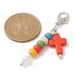 Décoration pendentif croix & ronde turquoise synthétique&nbsp;HJEW-JM01174