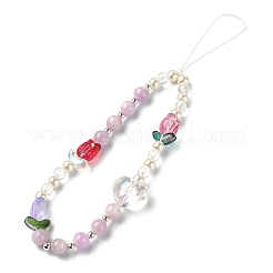 Tulipán y corazón kunzita natural/vidrio de cuarzo y correas móviles con cuentas de vidrio&nbsp;HJEW-TA00041