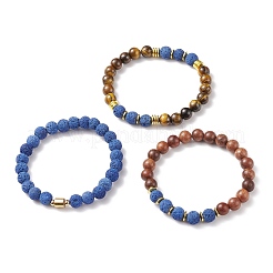 3 pièces 3 bracelets extensibles en pierre mélangée naturelle et synthétique de style sertis de perles de bois pour les femmes&nbsp;BJEW-JB08356
