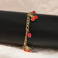 Bracelets à breloques cerises en acier inoxydable 304 émaillé&nbsp;BJEW-M095-01G
