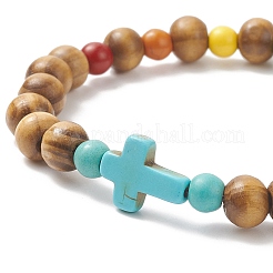 Braccialetto elasticizzato da donna con croce sintetica di turchese (tinto) e perline di legno naturale&nbsp;BJEW-JB09150