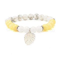 Braccialetto elasticizzato in giada naturale della Malesia (tinta) e perline rotonde howlite con ciondolo a foglia per donna&nbsp;BJEW-JB07504
