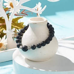 Bracelet extensible perlé rond en pierre de lave naturelle avec fleur en alliage&nbsp;BJEW-JB08010