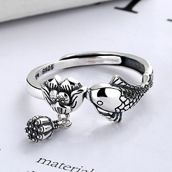 Karpfen mit Lotus 925 Sterling Silber verstellbare Fingerringe für Frauen&nbsp;FS-WG36D80-01
