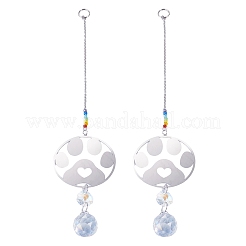 2 attrape-soleil suspendu en acier inoxydable 201 en forme d'empreinte de patte et verre cristal arc-en-ciel&nbsp;HJEW-TA00447