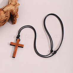 Colliers avec pendentif croix religieuse en bois ajustable et cordon ciré noir pour femmes et hommes&nbsp;FS-WGC7380-01