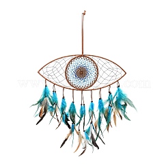 Mauvais œil tissé filet/toile avec décoration pendentif plume&nbsp;HJEW-I013-08