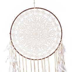 Rete/ragnatela intrecciata in cotone rotondo fatta a mano con decorazione da appendere alla parete con piume&nbsp;HJEW-G015-02A