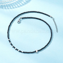 Colliers en laiton et perles rondes en spinelle noir naturel à facettes pour femmes&nbsp;NJEW-JN05657-02