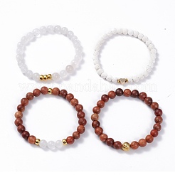 4 stücke 4 stil natürliche quarz kristall & lavagestein & holz runde perlen stretch-armbänder mit herz&nbsp;BJEW-JB07623