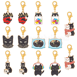 Décorations de pendentif en émail en alliage de chat noir, avec un alliage fermoir, couleur mixte, 39~44mm, 7 style, 2 pièces / style, 14 pièces / kit
