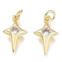 Brass Micro Pave Cubic Zirconia Charms, with Jump Ring, Stars, Golden, Clear, 13.5x7.5x2.5mm, Hole: 1.5mm, Jump rings: 3.5x0.8mm