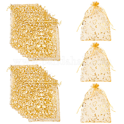 Sacchetti del regalo del organza rettangolo, sacchetti con coulisse per gioielli a cuore stampati a caldo, per sacchetti di imballaggio in rete di caramelle per feste di matrimonio, oro, 30x19x0.05cm