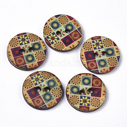 2 -Loch gedruckten Holzknöpfen, flach rund mit Blumenmuster, ungefärbt, Farbig, 20x2.5~3 mm, Bohrung: 2 mm