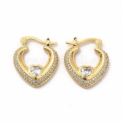 Clear Cubic Zirconia Heart Hoop Earrings with Glass, Brass Jewelry for Women, Golden, 22.5x19.5x4mm, Pin: 1x0.6mm