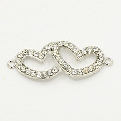 Valentine's Gifts Findings Alloy Rhinestone Links, Heart to Heart, Nickel Free, Platinum Metal Color, Crystal, 19x49x3mm, Hole: 2mm