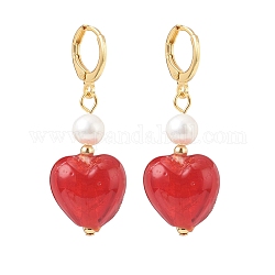 Boucles d'oreilles pendantes coeur en verre rouge avec perle naturelle, boucles d'oreilles longues en laiton pour femmes, or, 43mm, pin: 1x0.8 mm