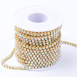 Brass Rhinestone Strass Chains, with Spool, Rhinestone Cup Chains, Raw(Unplated), Nickel Free, Crystal AB, 3mm, about 10yards/roll