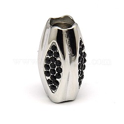 Smooth 304 Stainless Steel Magnetic Clasps for Bracelet Cord, with Mideast Rhinestone, Barrel, Jet, 24.5x14mm, Hole: 6mm