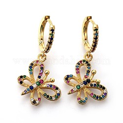 Brass Dangle Hoop Earrings, with Micro Pave Cubic Zirconia, Butterfly, Colorful, Golden, 34mm, Pin: 0.8mm
