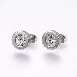 304 Stainless Steel Stud Earrings, with Rhinestone, Flat Round with Roman Numerals, Crystal, 9x3.5mm, Pin: 0.8mm, 12pairs/card