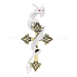 Брошь дракон с крестом и стразами, значок из сплава для унисекс, античное золото , 83x39x17 мм