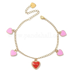 Bracelet à breloques en alliage d'émail, cœur avec mot d'amour, placage ionique (ip) 304 bracelet en acier inoxydable pour la Saint-Valentin, rouge, 7-5/8 pouce (19.5 cm)
