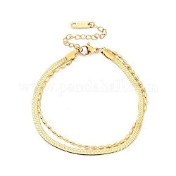304 mehrsträngiges Edelstahlarmband, Doppellagige ovale Perlen- und Fischgrätkettenarmbänder für Frauen, golden, 6-5/8 Zoll (16.7 cm)
