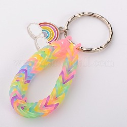 Rubber Loom Band Keychain, with Platinum Alloy Enamel Rainbow Pendants and Iron Key Clasp Findings, Colorful, 75mm