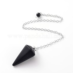 Platinum Tone Brass Black Agate Cone Hexagonal Pointed Dowsing Pendulums, with Lobster Claw Clasps, 230x3mm