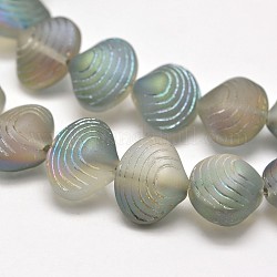 Frosted Electroplate Glass Shell Beads Strands, Rainbow Plated, Dark Khaki, 12x14.5x10mm, Hole: 1mm, about 32pcs/strand, 16 inch