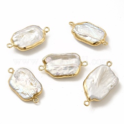Ciondoli per connettore di perle keshi naturali barocche, collegamenti rettangolari, con doppi passanti in ottone, oro chiaro, 28~33x14~16x6~9mm, Foro: 1.6 mm