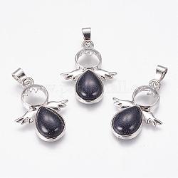 Synthetic Blue Goldstone Pendants, Angel, with Brass Finding, Platinum, 34x25.5x4.5~6.5mm, Hole: 4~5x7mm